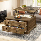 Table basse relevable de ferme, table centrale carrée en bois avec rangement et 2 tiroirs