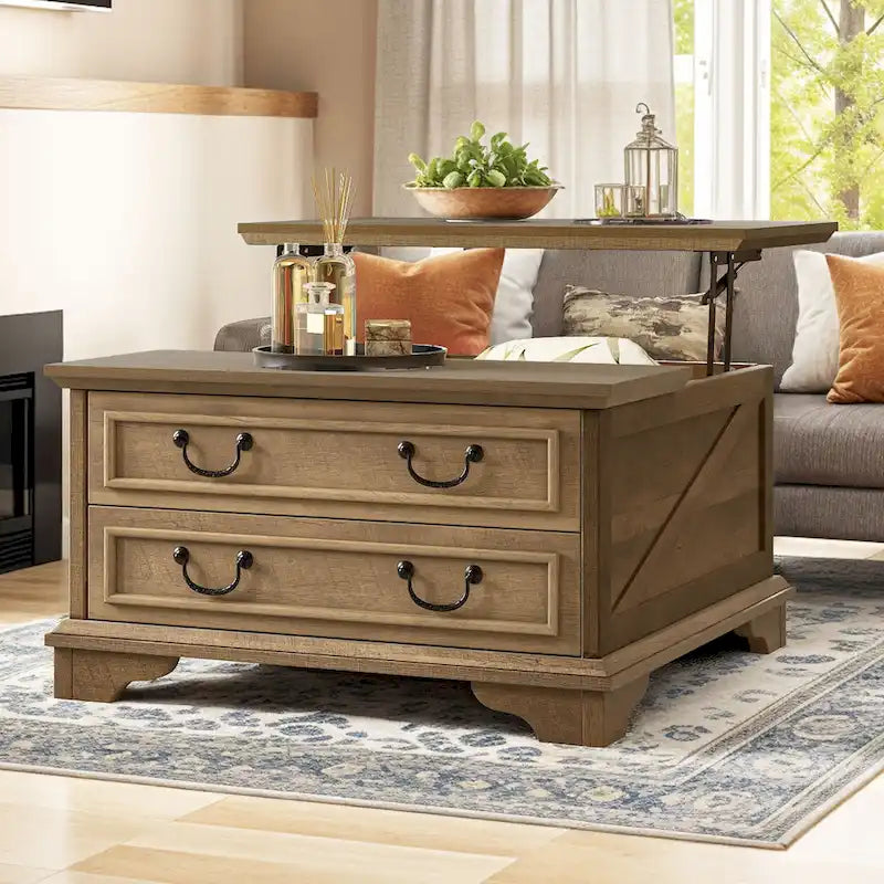Table basse relevable de ferme, table centrale carrée en bois avec rangement et 2 tiroirs