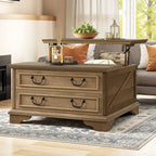 Table basse relevable de ferme, table centrale carrée en bois avec rangement et 2 tiroirs