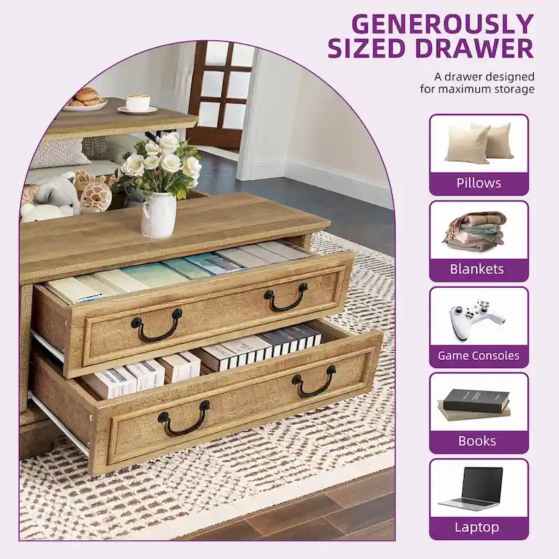 Table basse relevable de ferme, table centrale carrée en bois avec rangement et 2 tiroirs