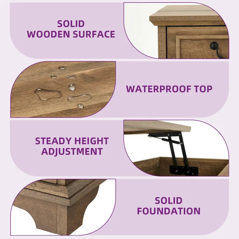 Table basse relevable de ferme, table centrale carrée en bois avec rangement et 2 tiroirs