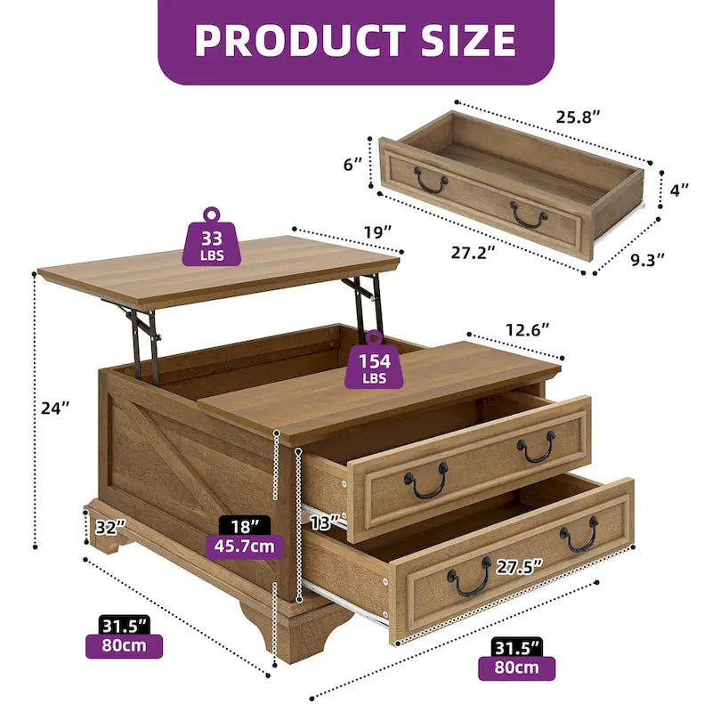 Table basse relevable de ferme, table centrale carrée en bois avec rangement et 2 tiroirs