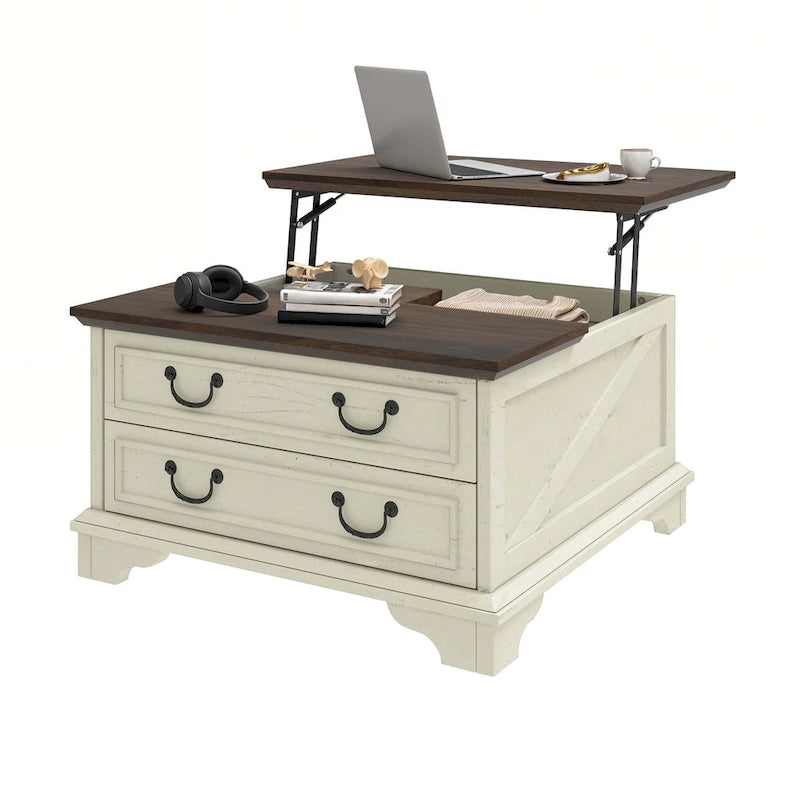 Table basse relevable de ferme, table centrale carrée en bois avec rangement et 2 tiroirs
