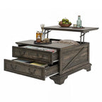 Table basse relevable de ferme, table centrale carrée en bois avec rangement et 2 tiroirs