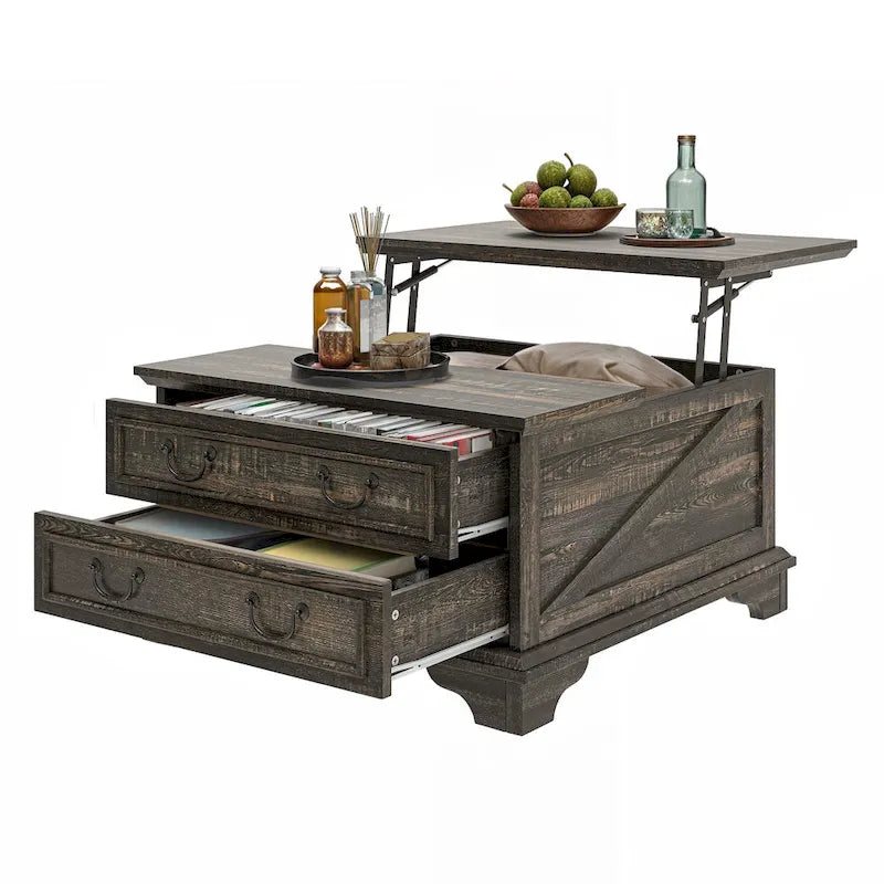 Table basse relevable de ferme, table centrale carrée en bois avec rangement et 2 tiroirs