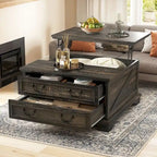 Table basse relevable de ferme, table centrale carrée en bois avec rangement et 2 tiroirs