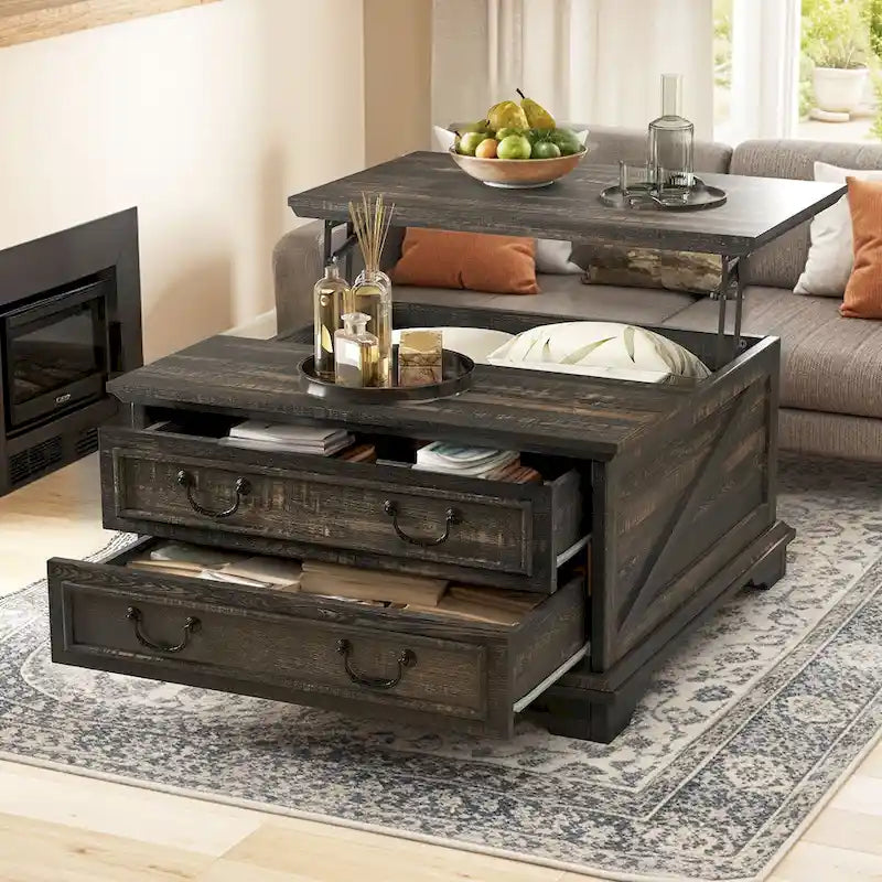 Table basse relevable de ferme, table centrale carrée en bois avec rangement et 2 tiroirs