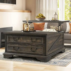 Table basse relevable de ferme, table centrale carrée en bois avec rangement et 2 tiroirs