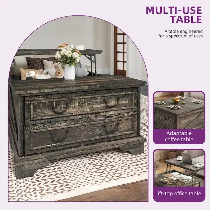 Table basse relevable de ferme, table centrale carrée en bois avec rangement et 2 tiroirs