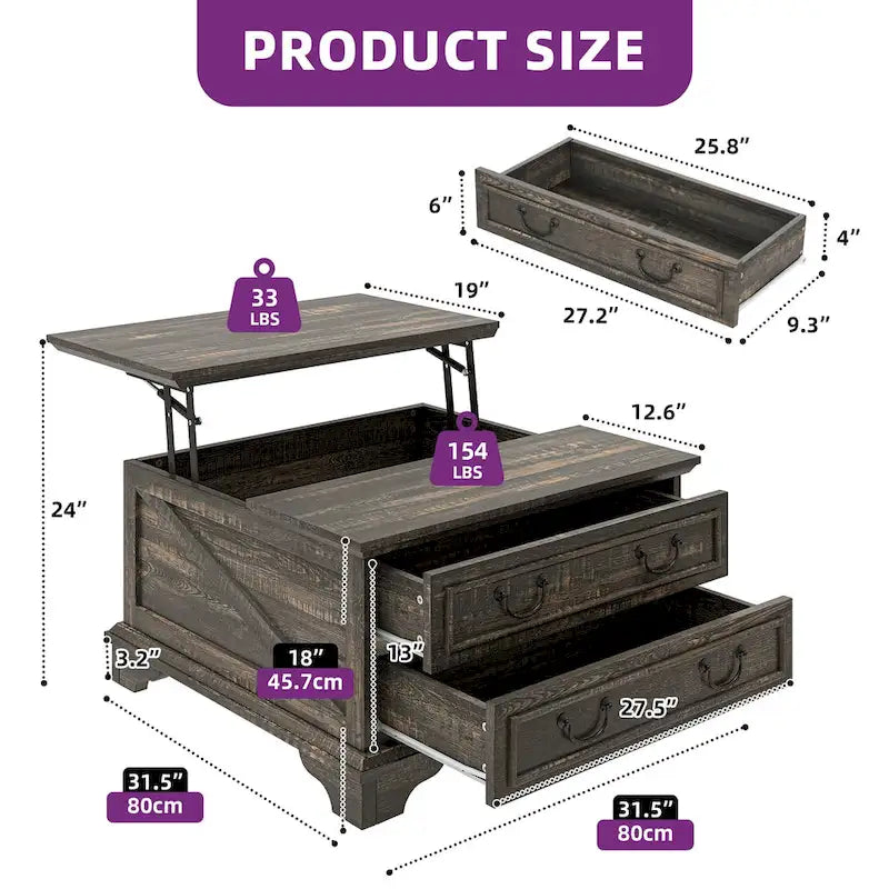 Table basse relevable de ferme, table centrale carrée en bois avec rangement et 2 tiroirs