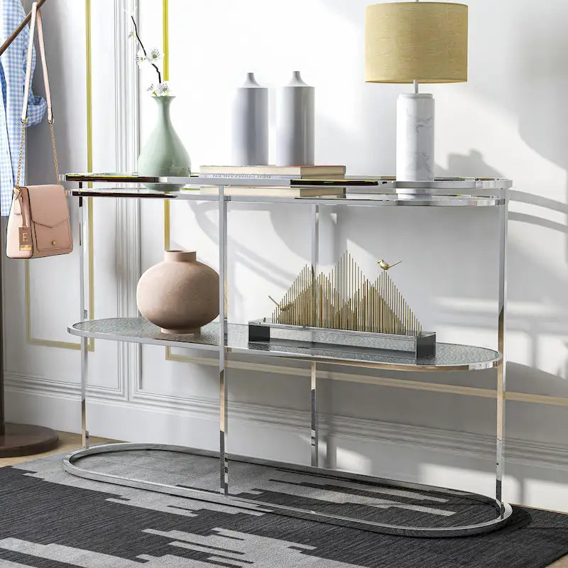Taylaa Glam Chrome 48-inch Glass Top 1-Shelf Sofa Table by 
