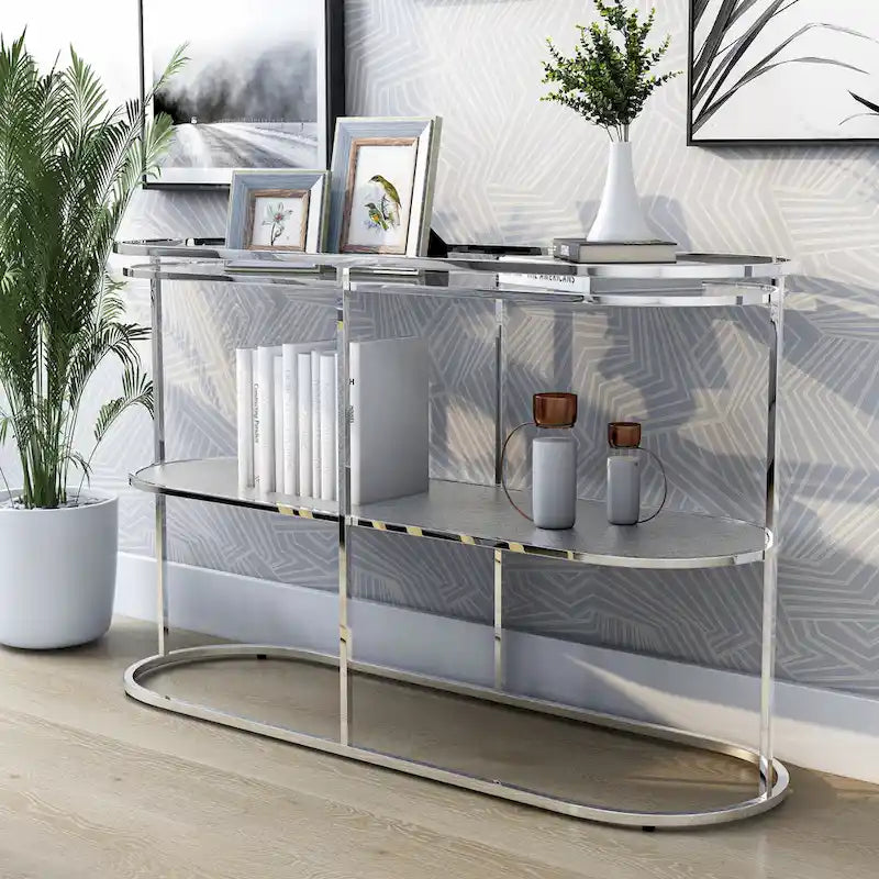 Table de canapé Taylaa Glam Chrome avec plateau en verre de 48 po à 1 étagère par