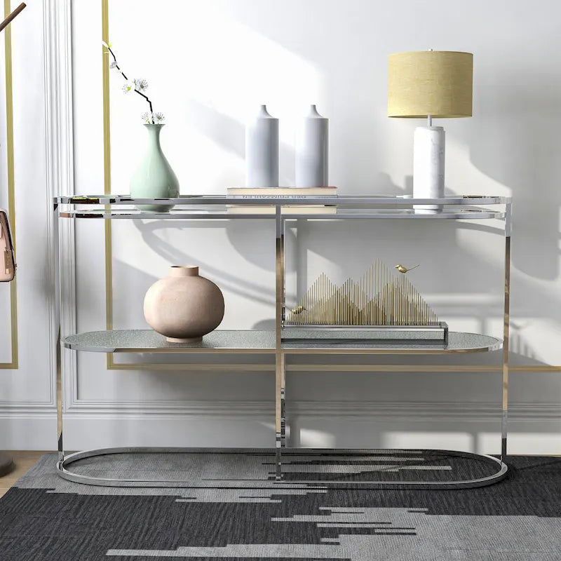 Table de canapé Taylaa Glam Chrome avec plateau en verre de 48 po à 1 étagère par