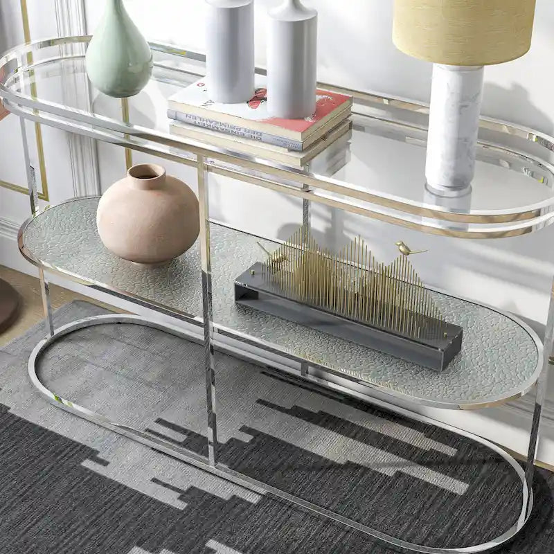 Table de canapé Taylaa Glam Chrome avec plateau en verre de 48 po à 1 étagère par