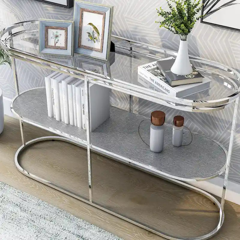 Table de canapé Taylaa Glam Chrome avec plateau en verre de 48 po à 1 étagère par