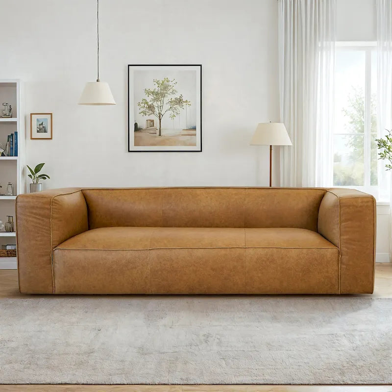Canapé en cuir véritable couleur havane Empire Mid-Century Modern pour salon