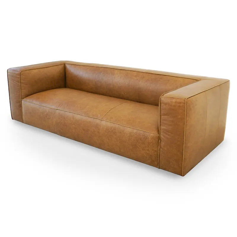 Canapé en cuir véritable couleur havane Empire Mid-Century Modern pour salon