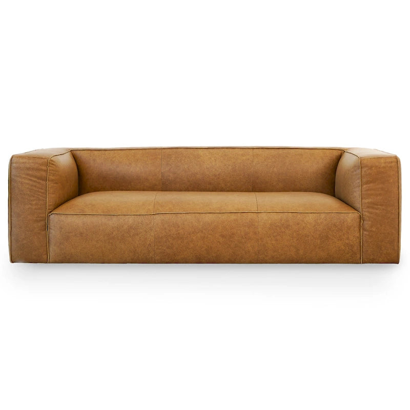 Canapé en cuir véritable couleur havane Empire Mid-Century Modern pour salon