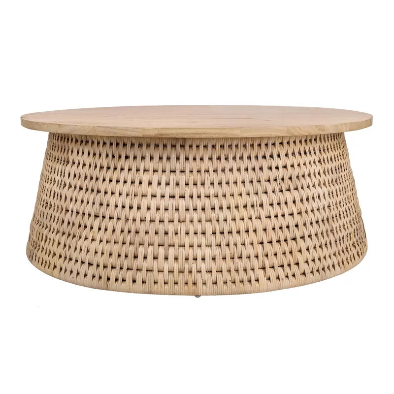 Table basse et table d'appoint Kamari en rotin avec plateau en bois