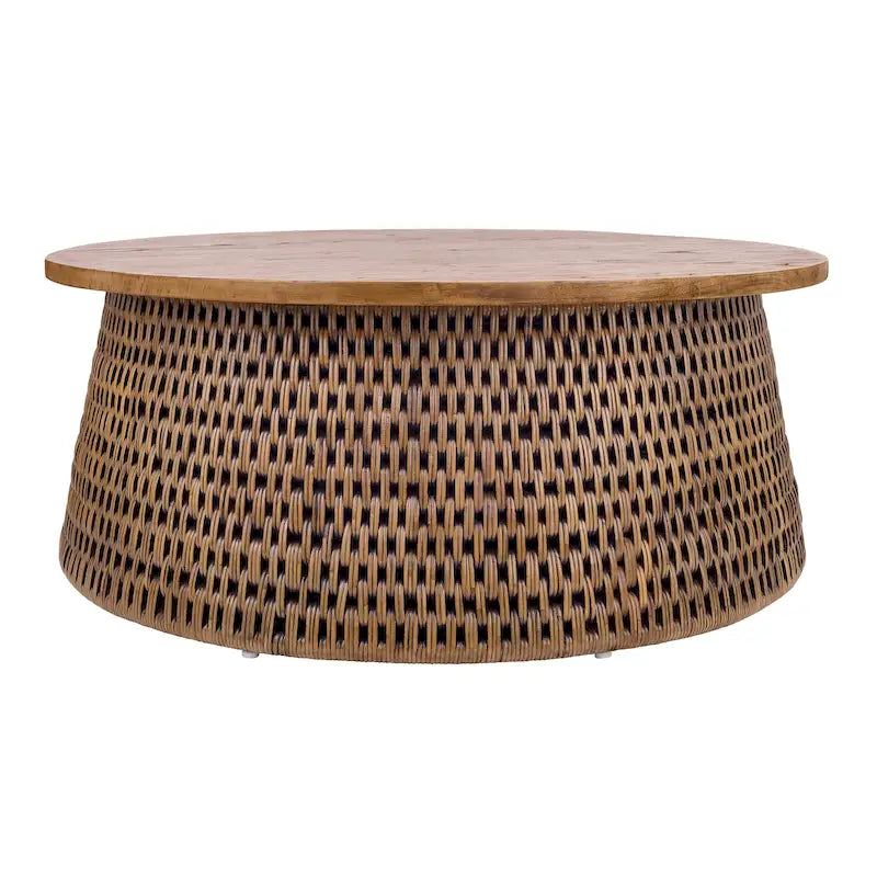 Table basse et table d'appoint Kamari en rotin avec plateau en bois