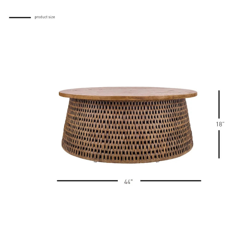 Table basse et table d'appoint Kamari en rotin avec plateau en bois
