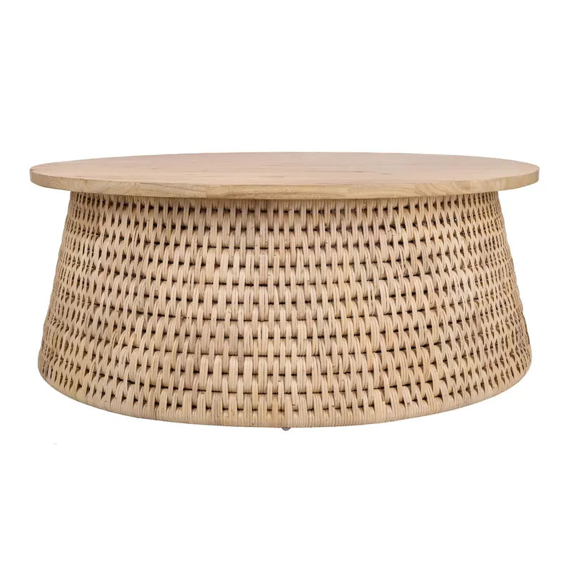 Table basse et table d'appoint Kamari en rotin avec plateau en bois