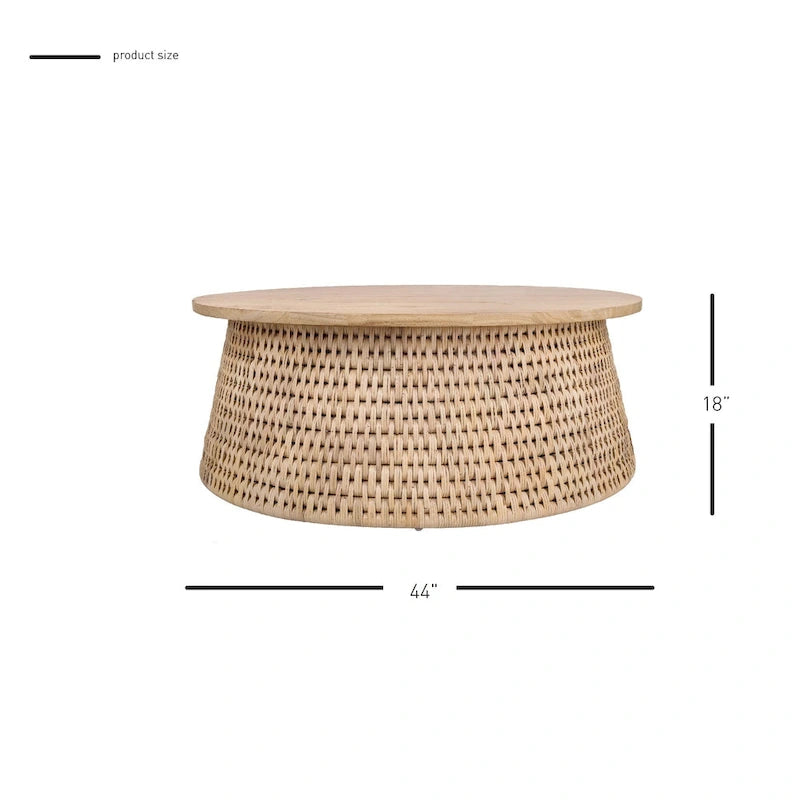 Table basse et table d'appoint Kamari en rotin avec plateau en bois