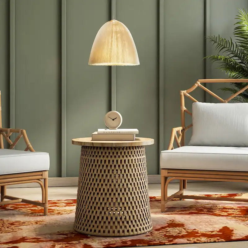 Table basse et table d'appoint Kamari en rotin avec plateau en bois
