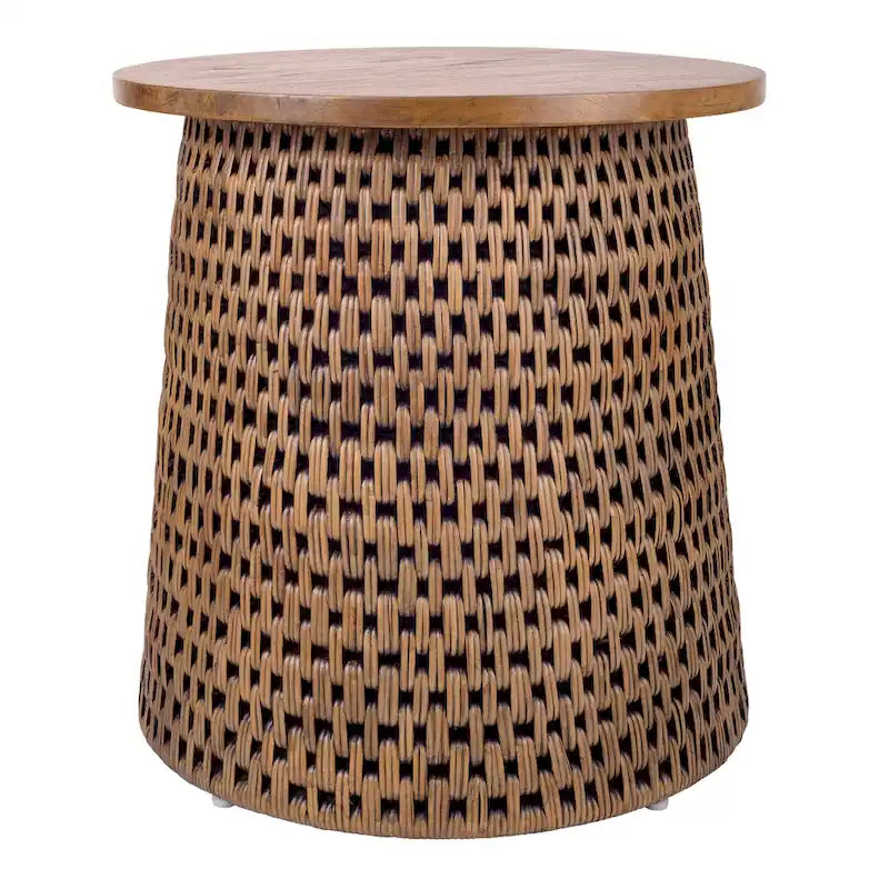 Table basse et table d'appoint Kamari en rotin avec plateau en bois