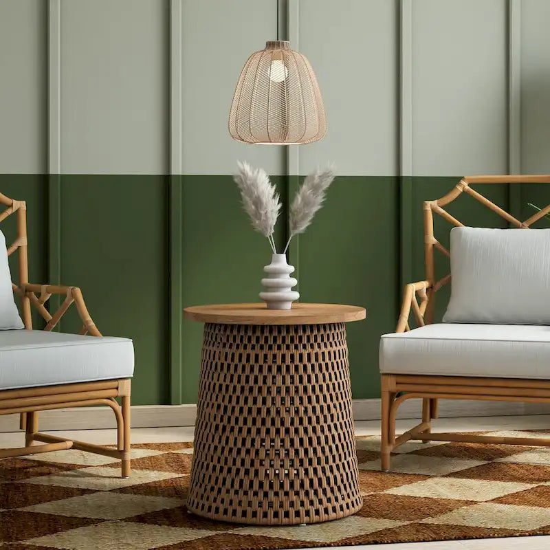 Table basse et table d'appoint Kamari en rotin avec plateau en bois