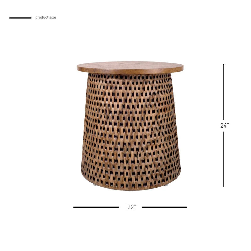 Table basse et table d'appoint Kamari en rotin avec plateau en bois
