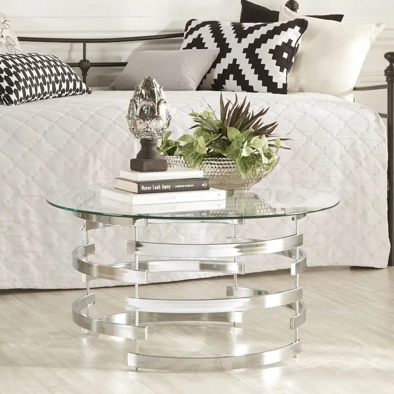 Table d'appoint Nova avec plateau en verre rond et base en fer Vortex par