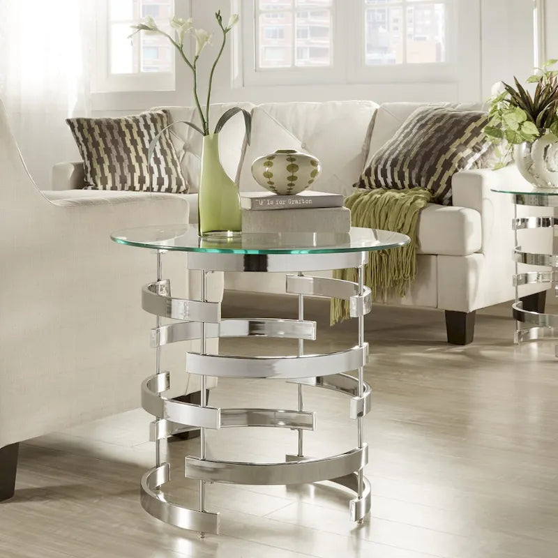 Table d'appoint Nova avec plateau en verre rond et base en fer Vortex par