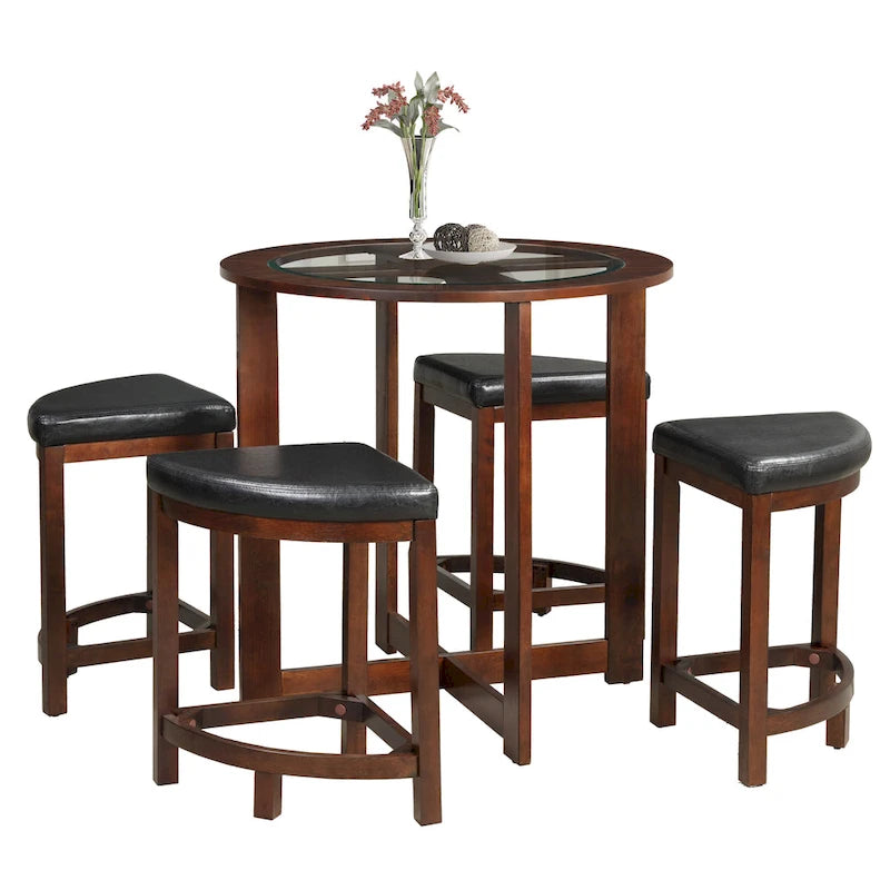 Ensemble de salle à manger 5 pièces en bois massif de hauteur comptoir avec plateau en verre