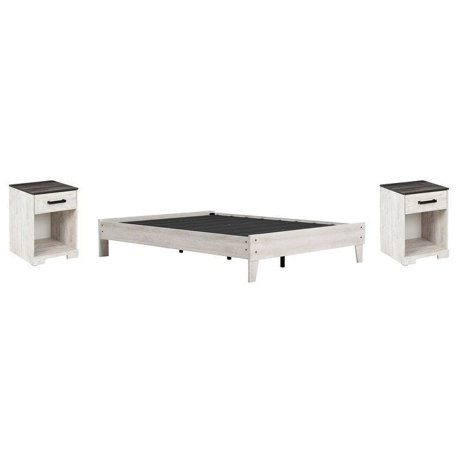 Lit plateforme Shawburn Whitewash avec 2 tables de chevet
