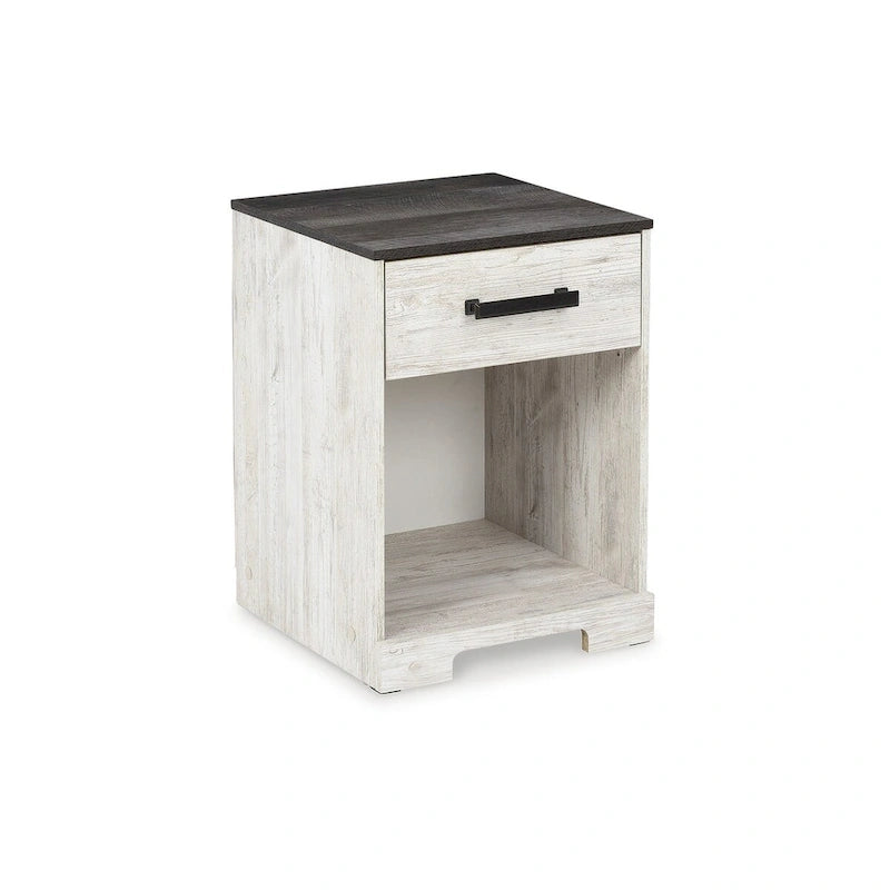 Lit plateforme Shawburn Whitewash avec 2 tables de chevet