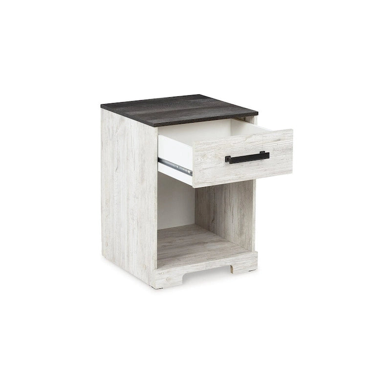 Lit plateforme Shawburn Whitewash avec 2 tables de chevet