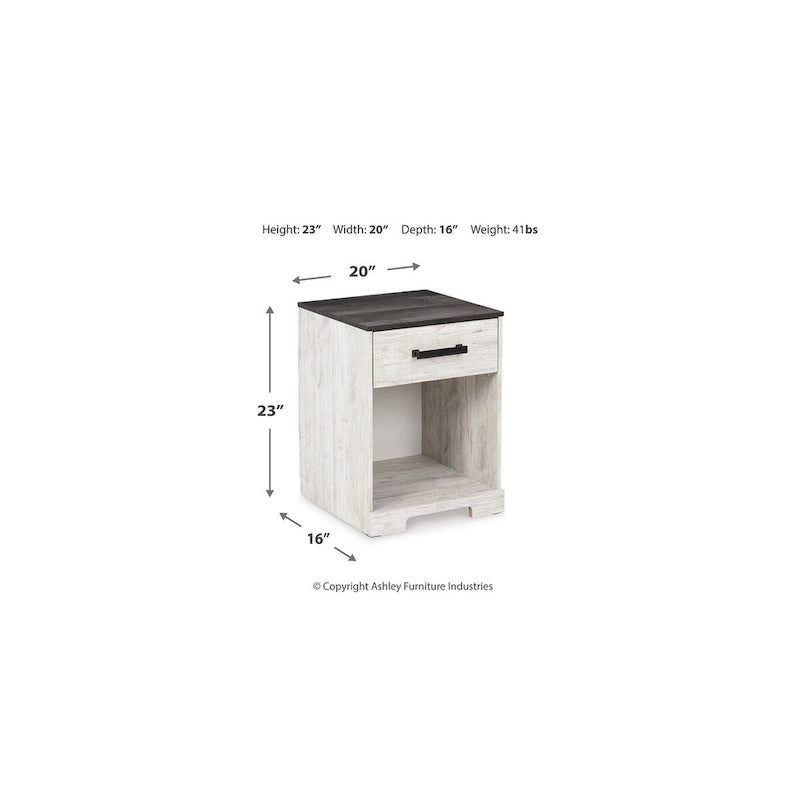 Lit plateforme Shawburn Whitewash avec 2 tables de chevet