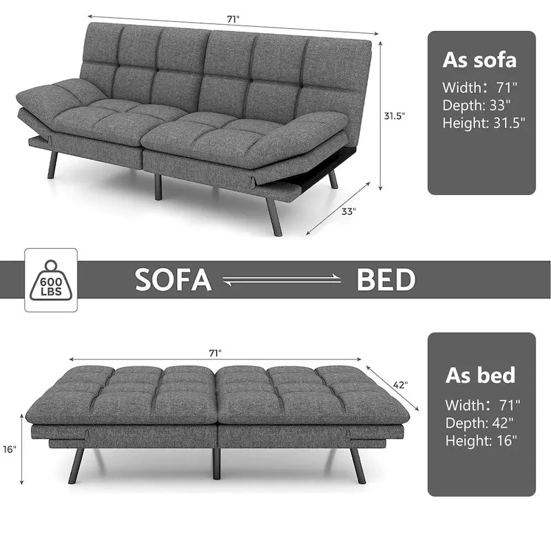 Canapé-lit futon en mousse à mémoire de forme convertible avec dossier inclinable réglable pour petits espaces