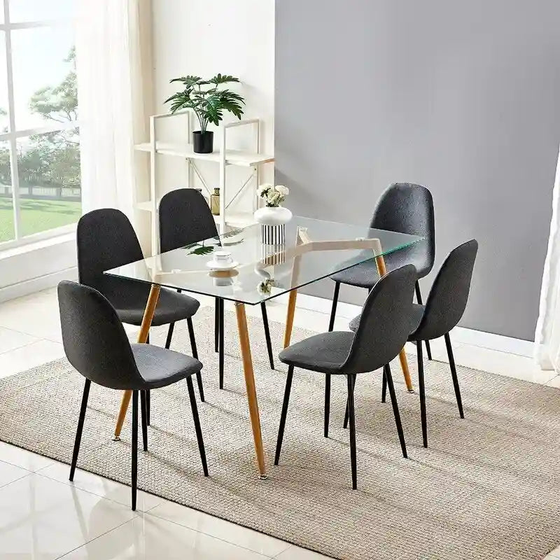Table de salle à manger/cuisine moderne à plateau en verre avec chaises en tissu