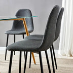 Table de salle à manger/cuisine moderne à plateau en verre avec chaises en tissu
