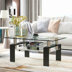 Table basse rectangulaire plateau en verre avec étagère inférieure