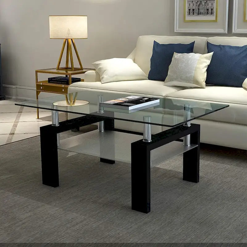 Table basse rectangulaire plateau en verre avec étagère inférieure