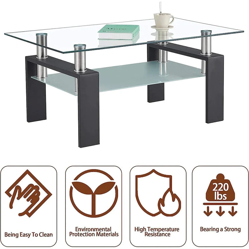 Table basse rectangulaire plateau en verre avec étagère inférieure