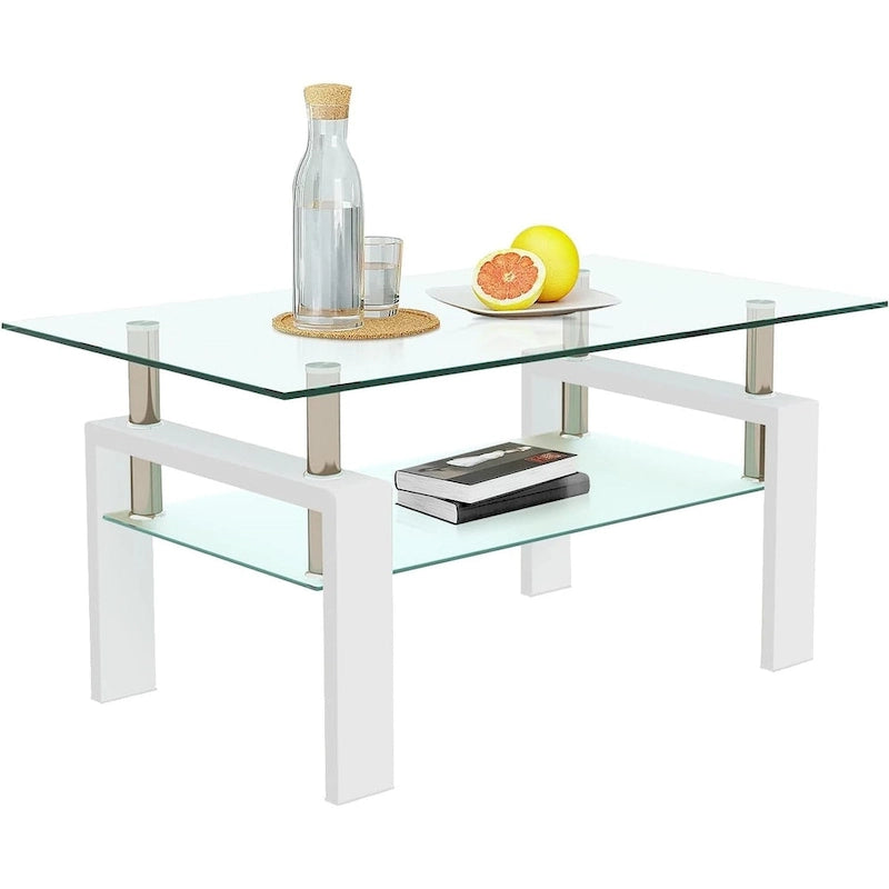 Table basse rectangulaire plateau en verre avec étagère inférieure