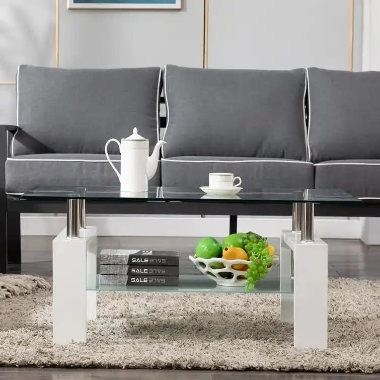 Table basse rectangulaire plateau en verre avec étagère inférieure