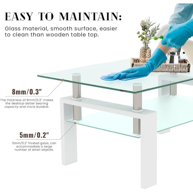 Table basse rectangulaire plateau en verre avec étagère inférieure