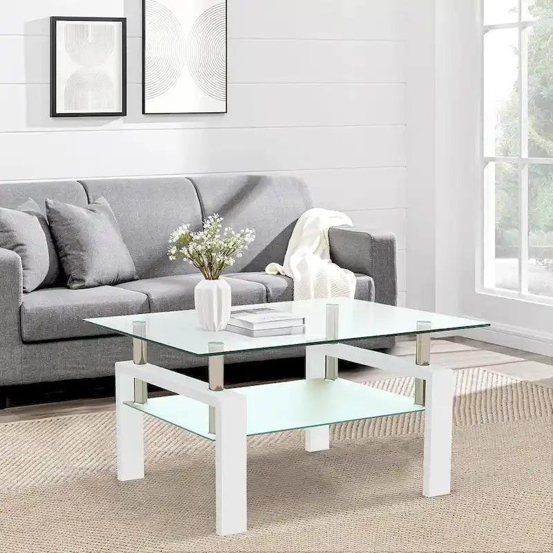 Table basse rectangulaire plateau en verre avec étagère inférieure