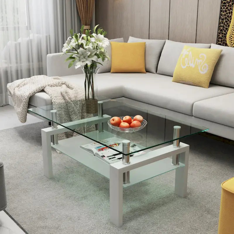 Table basse rectangulaire plateau en verre avec étagère inférieure