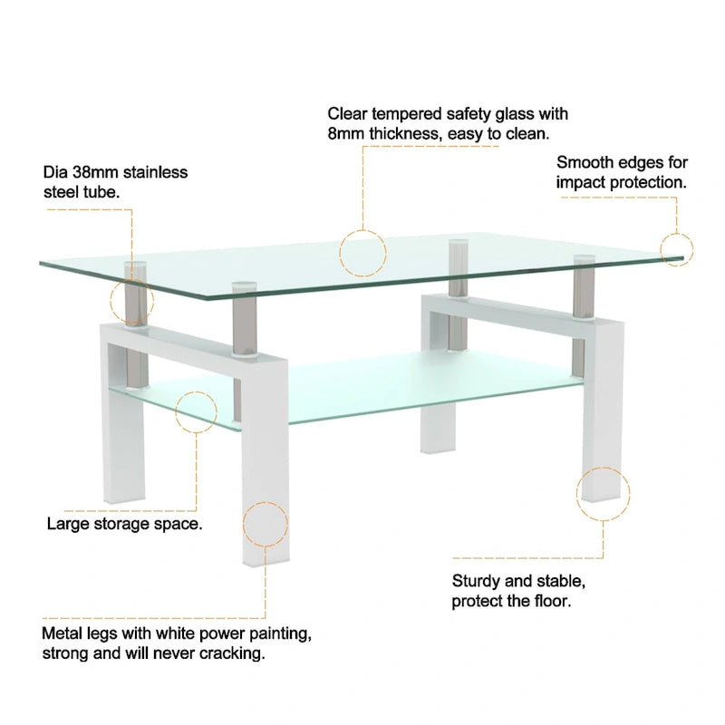 Table basse rectangulaire plateau en verre avec étagère inférieure